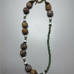 Fossil Coral & Aventurine Gemstone Statement Necklace – Antique Gold Toggle